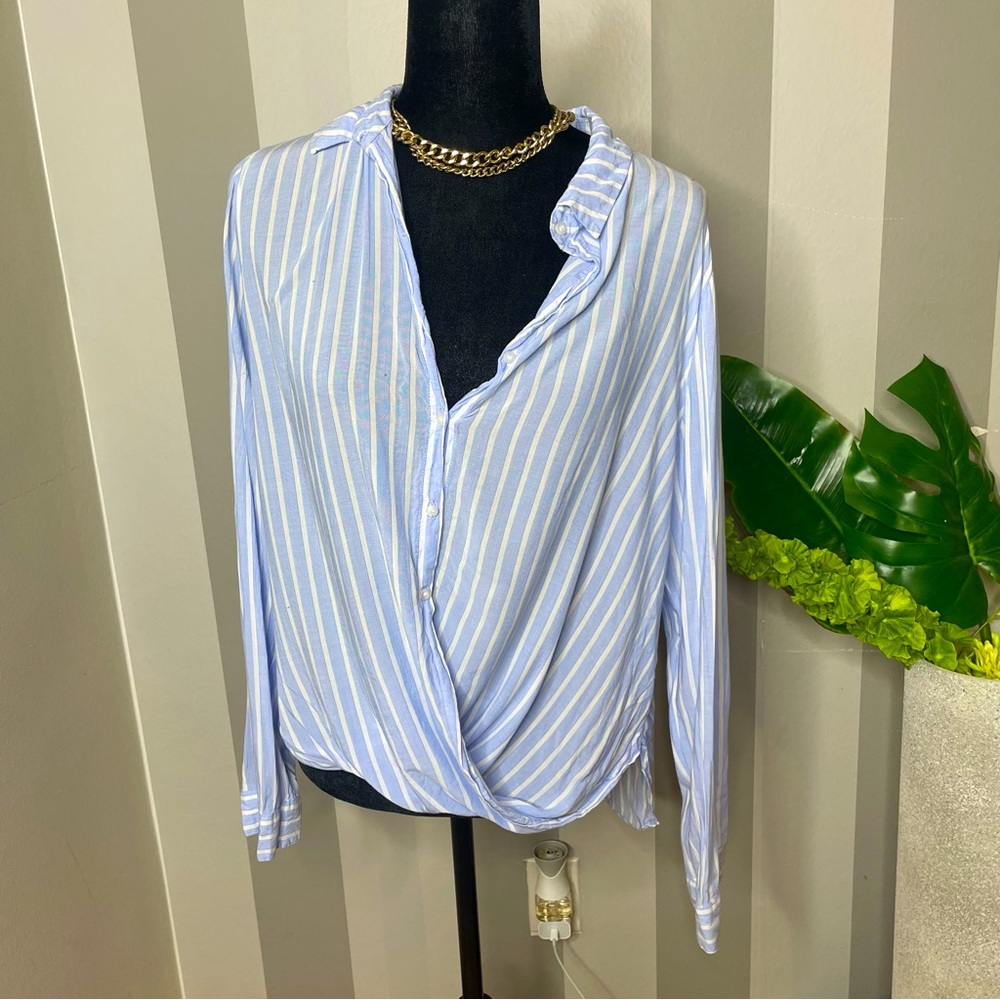 Pinstripe Hi-Lo Wrap-over Button Up Blouse
